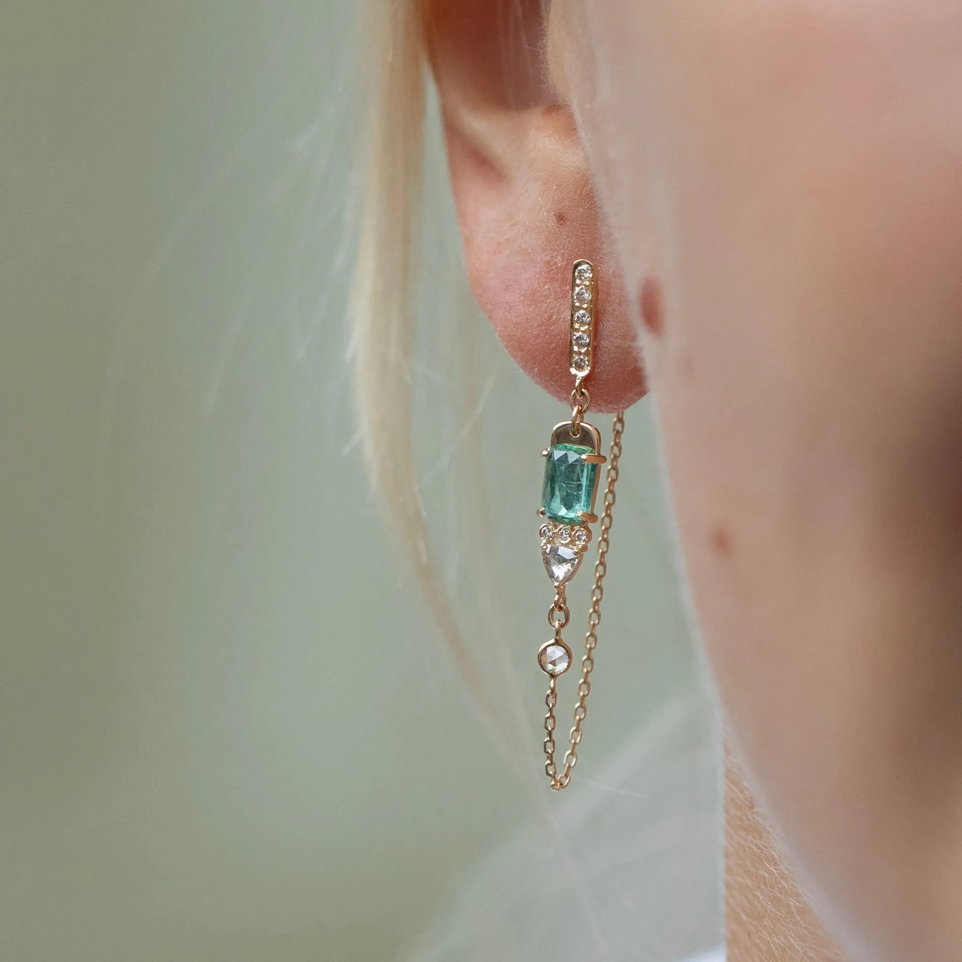 14K Gold Front-to-Back Chain Earrings with Rosecut Green Tourmalines