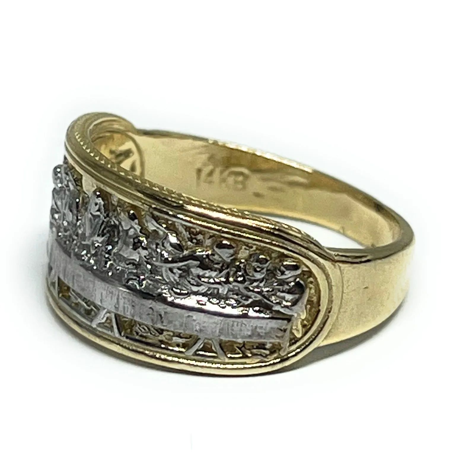 14k SOLID GOLD YELLOW & WHITE GOLD WIDE LAST SUPPER RING (6.7g)