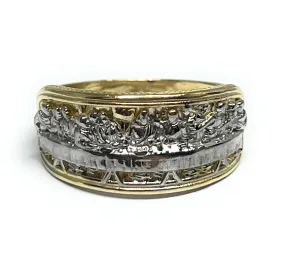 14k SOLID GOLD YELLOW & WHITE GOLD WIDE LAST SUPPER RING (6.7g)