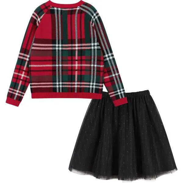 Andy & Evan Plaid Sweater With Skirt Set, Red & Black