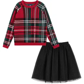 Andy & Evan Plaid Sweater With Skirt Set, Red & Black