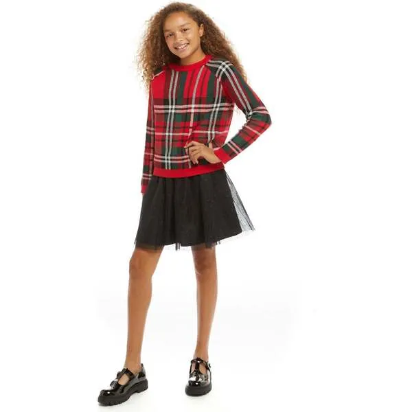 Andy & Evan Plaid Sweater With Skirt Set, Red & Black