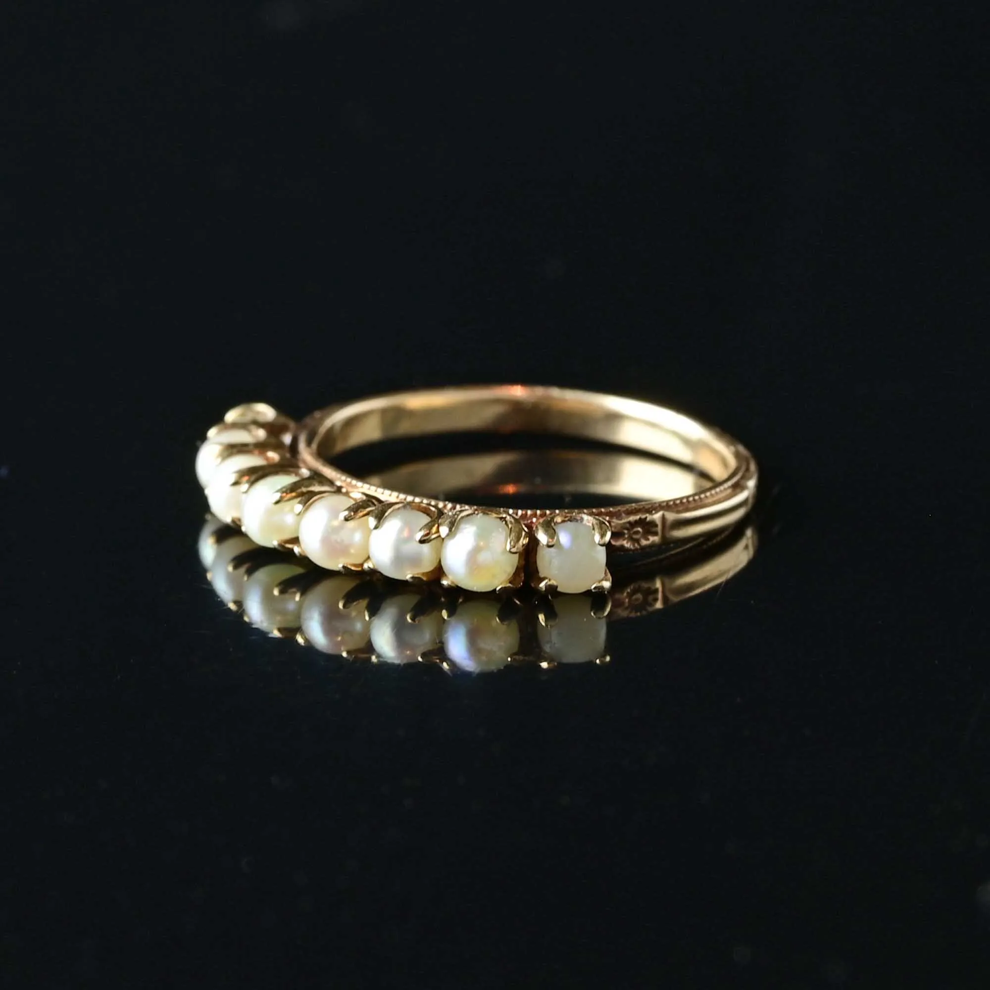 Antique 14K Gold Pearl Half Hoop Ring w Floral Detail