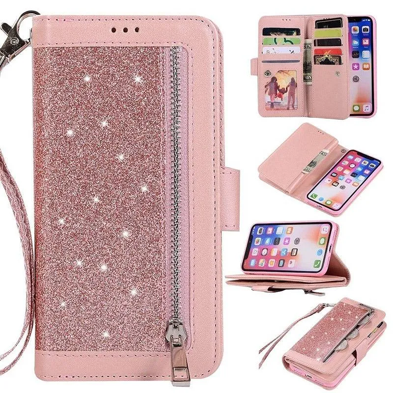 Bling Wallet Case with Wrist Strap for iPhone