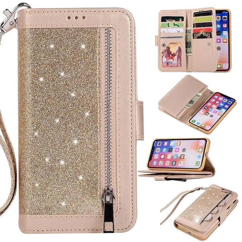 Bling Wallet Case with Wrist Strap for iPhone