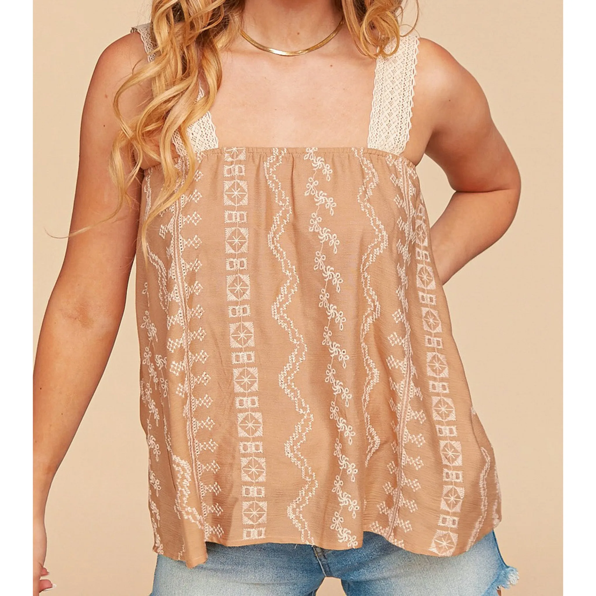 Bloom Women's Latte Aztec Crochet Strap Tank