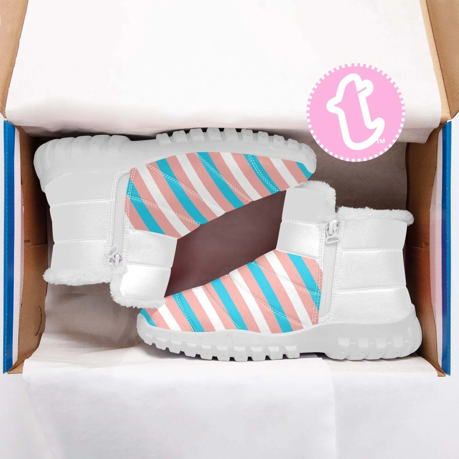 Blue Pink White Pride Candystripe White Fleece Fur-Lined Zipper Up Winter Boots