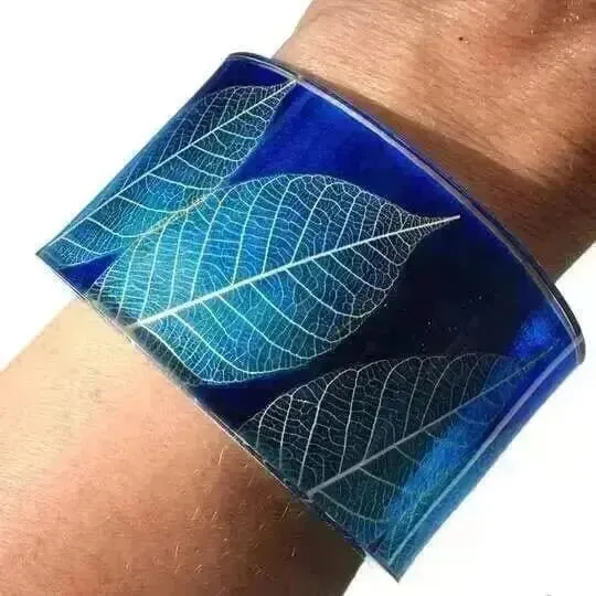 Blue Skeleton Leaf | Wide Cuff | Recycled Perspex