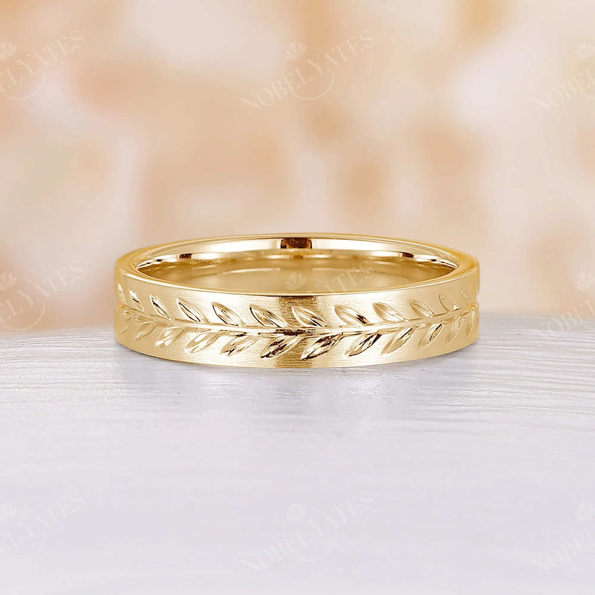 Brushed Finish Mens Wide Band Full eternity Nature Leaf Couple Ring