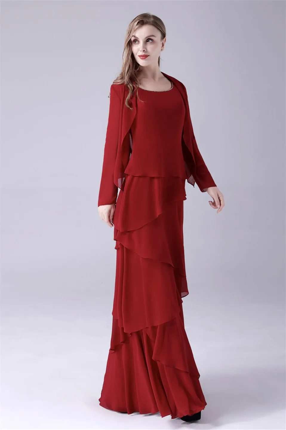 Burgundy Ruffles Chiffon Mother of the Bride Dresses With Jacket