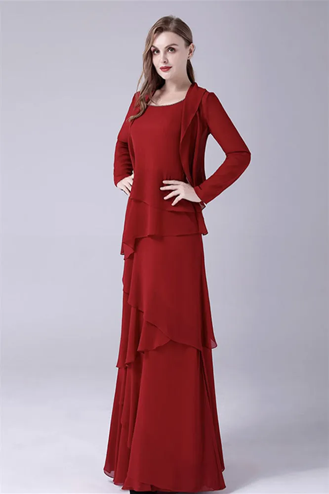 Burgundy Ruffles Chiffon Mother of the Bride Dresses With Jacket