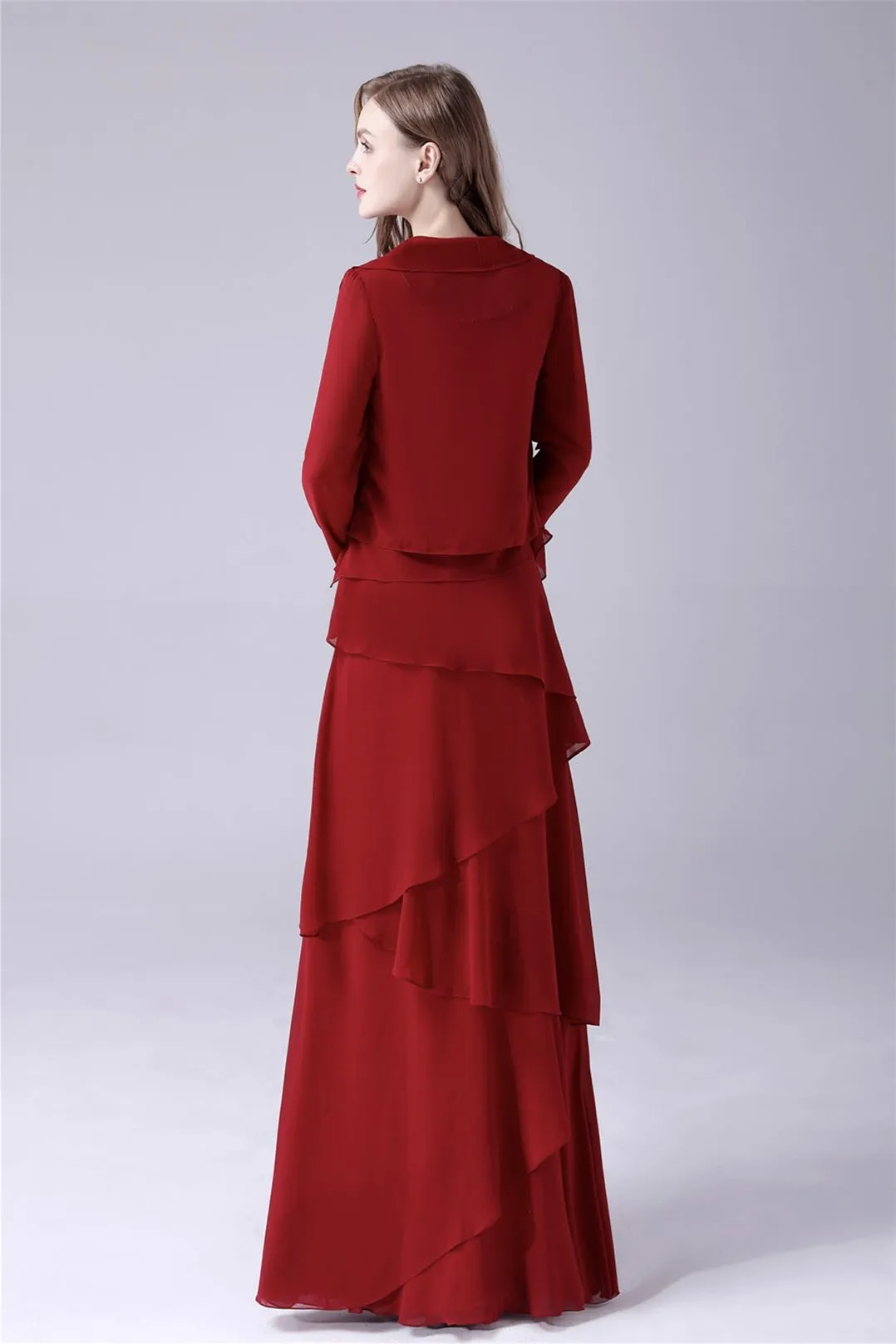 Burgundy Ruffles Chiffon Mother of the Bride Dresses With Jacket