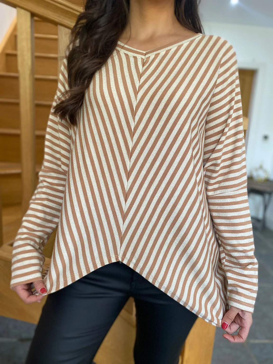 Camel Diagonal Stripe Shimmer Top Eve