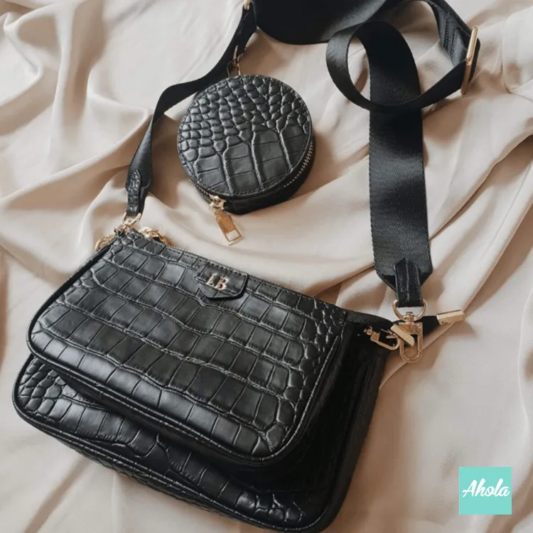 【Carole】Crocodile Pattern Cow Leather Cross Body Bag 燙金壓字真皮手袋