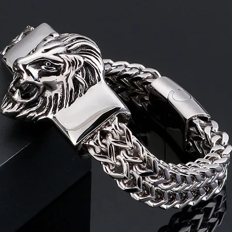 Charm Men's Metal Lion Animal Head 12mm Wide Snake Link Chain Bracelet