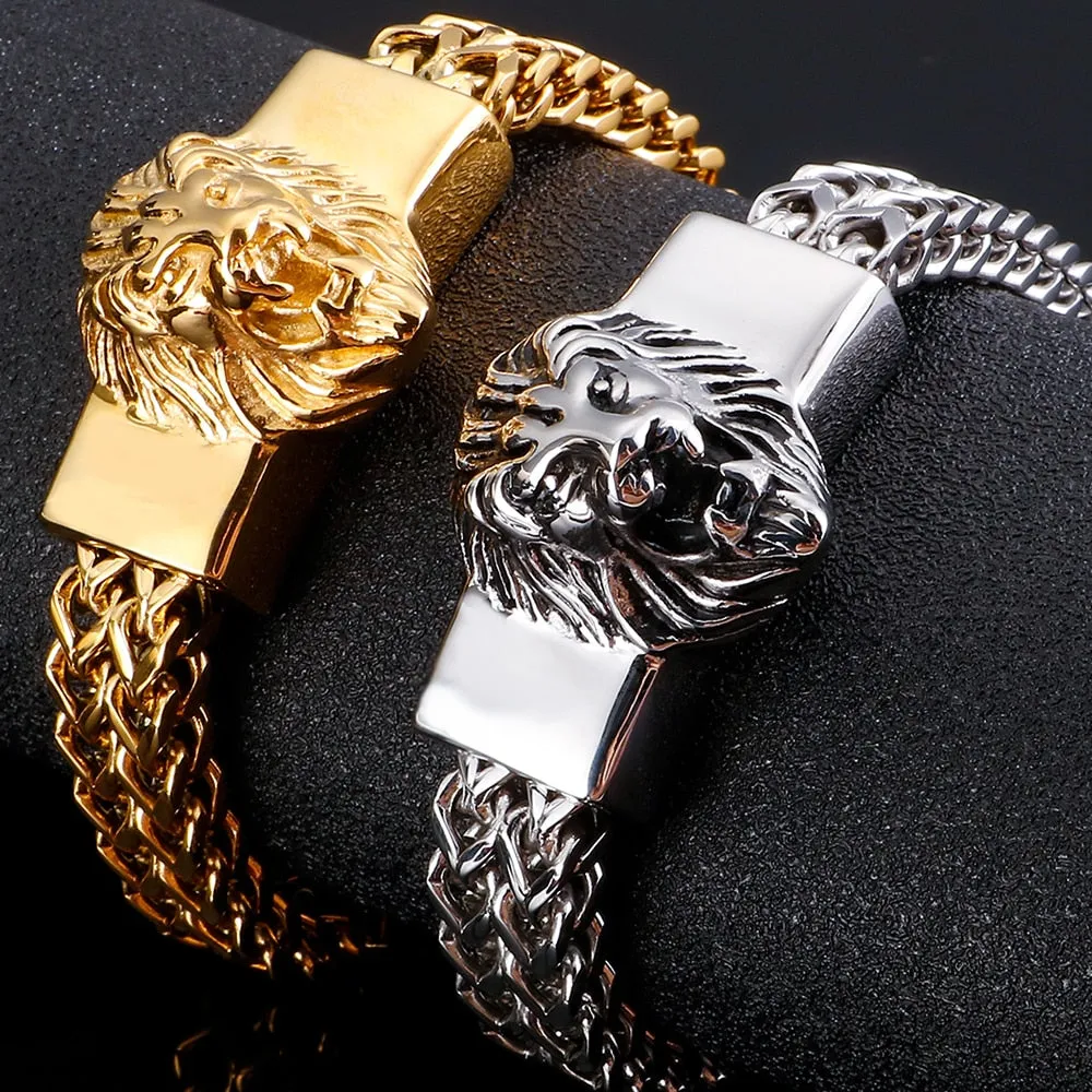 Charm Men's Metal Lion Animal Head 12mm Wide Snake Link Chain Bracelet