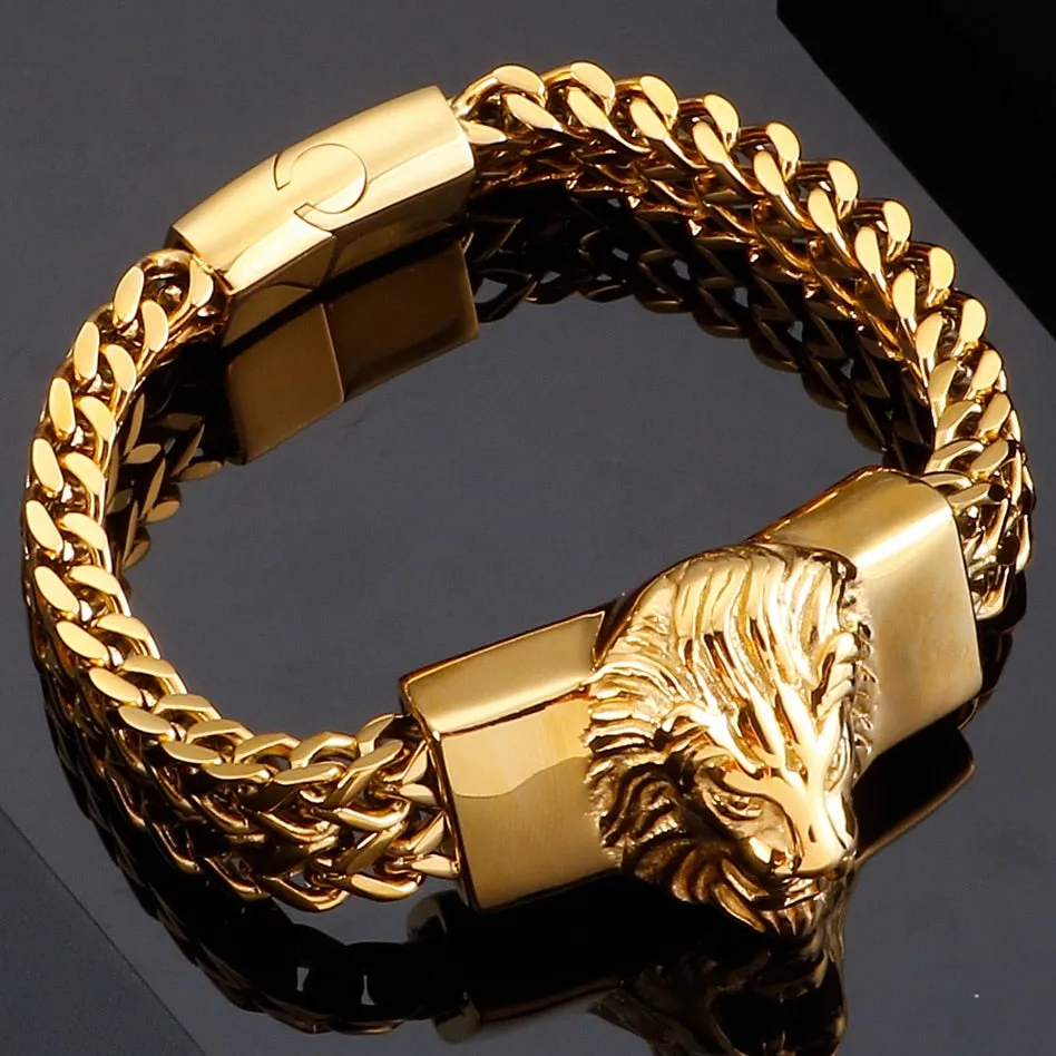 Charm Men's Metal Lion Animal Head 12mm Wide Snake Link Chain Bracelet