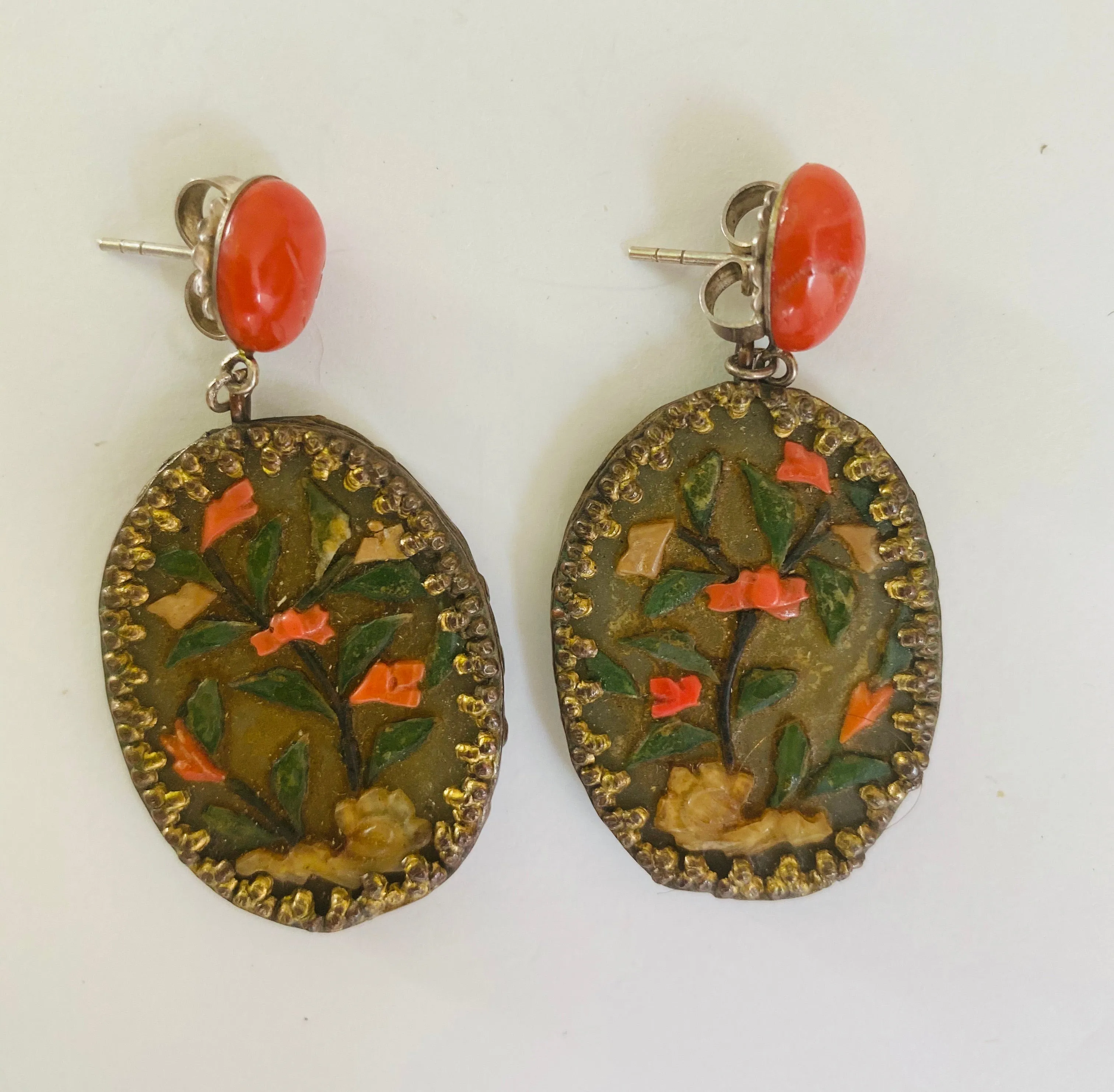 Chinese jade and coral earrings