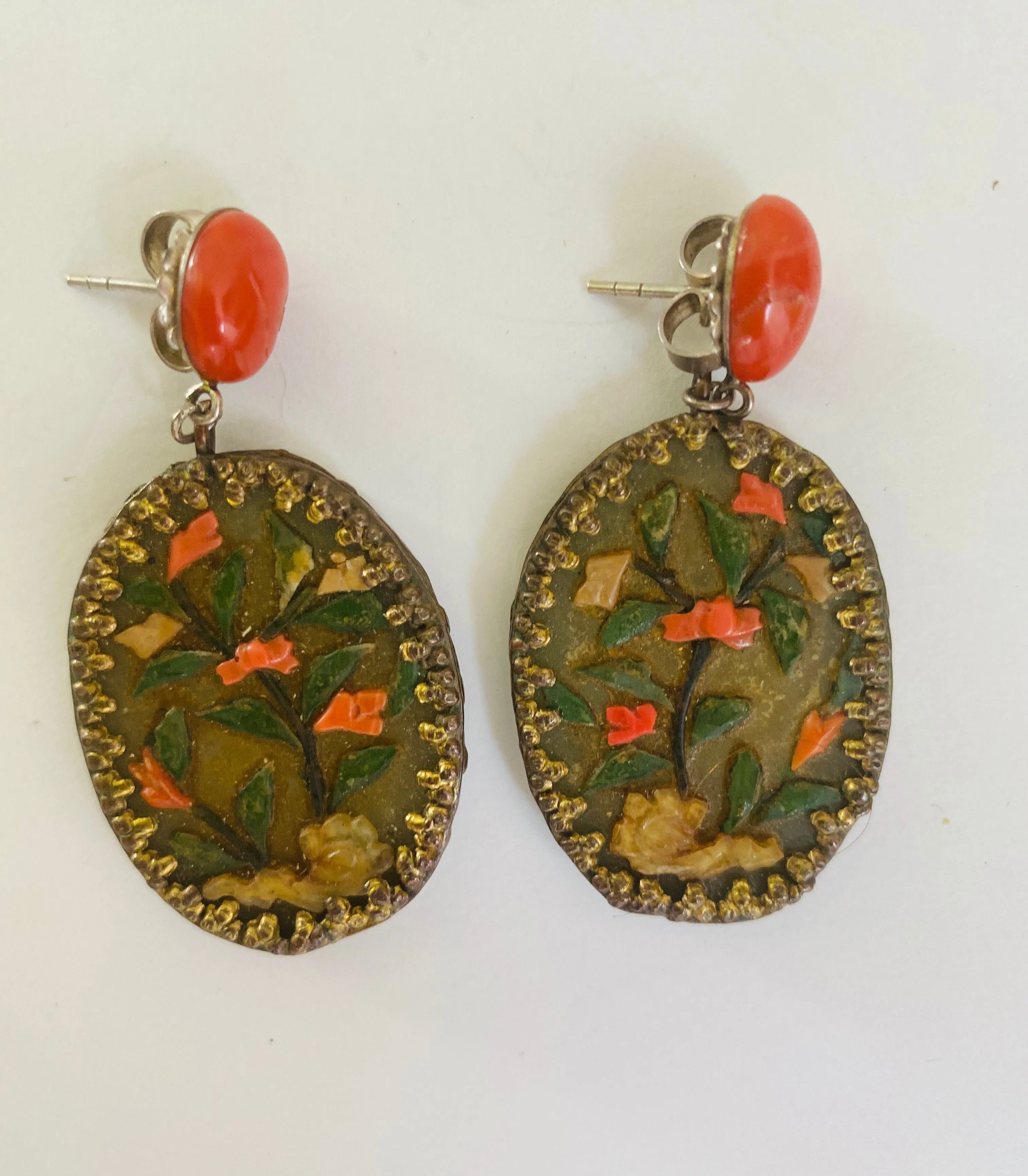 Chinese jade and coral earrings