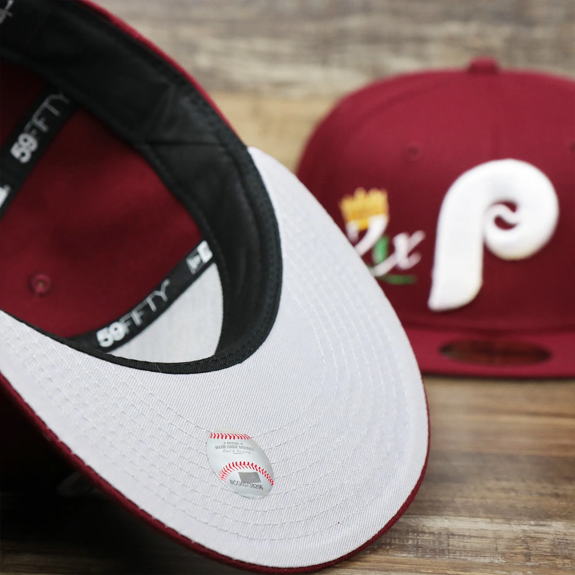 Cooperstown Philadelphia Phillies Crown Champions Gray Bottom World Championship Wins Embroidered Fitted Cap | Maroon 59Fifty Ca