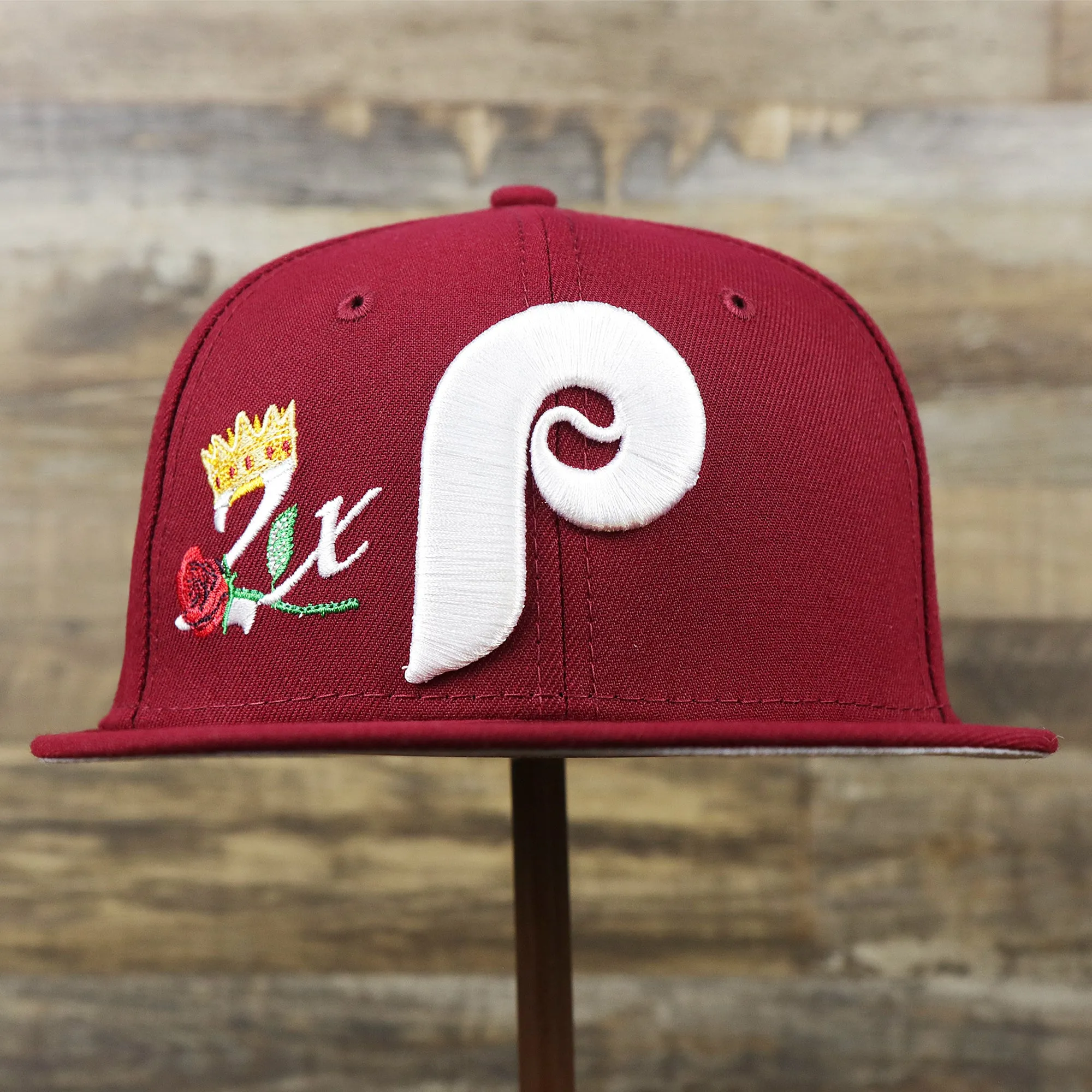 Cooperstown Philadelphia Phillies Crown Champions Gray Bottom World Championship Wins Embroidered Fitted Cap | Maroon 59Fifty Ca