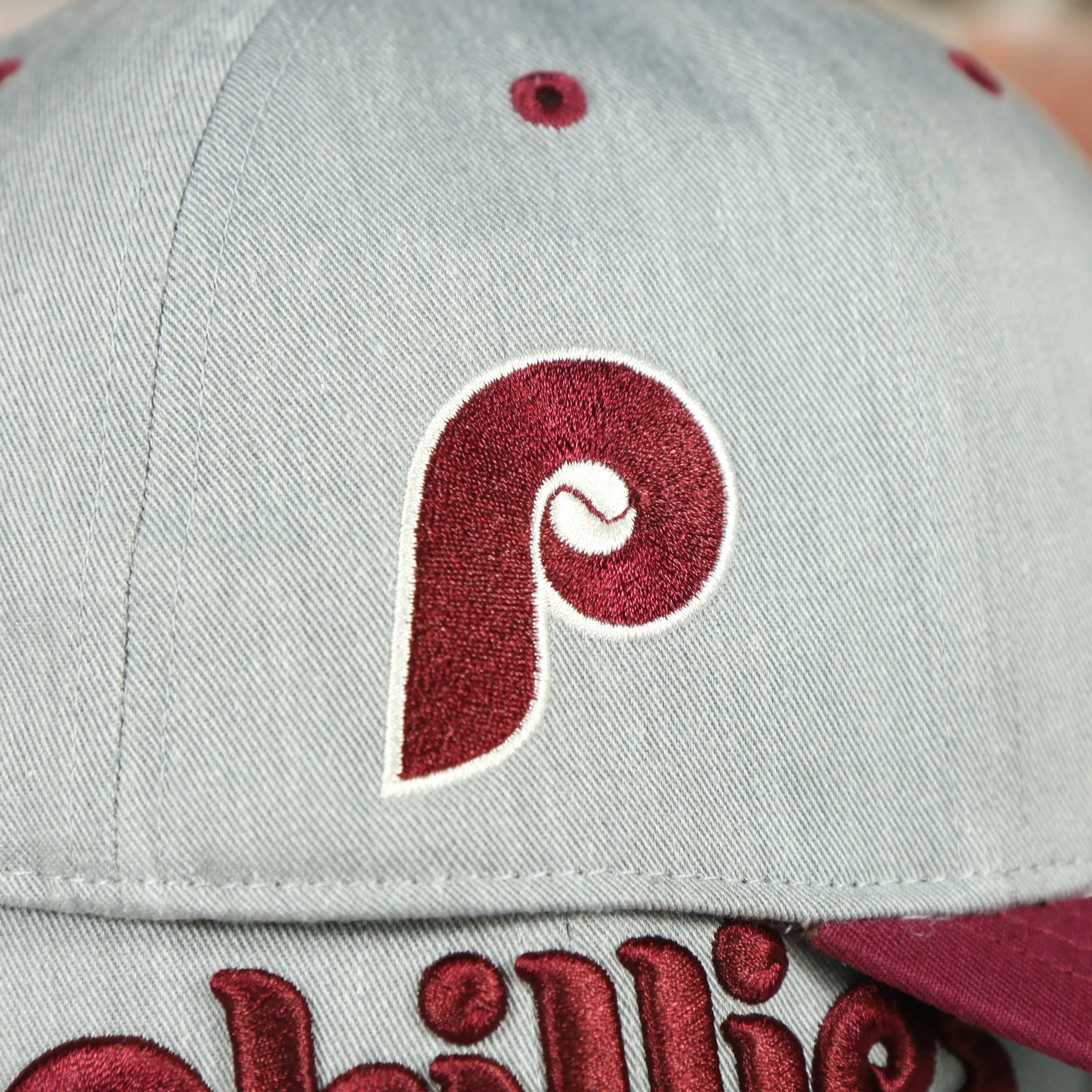 Cooperstown Phillies Wordmark Vintage Green Undervisor Side Patch Retro Snapback Hat | Gray Snapback