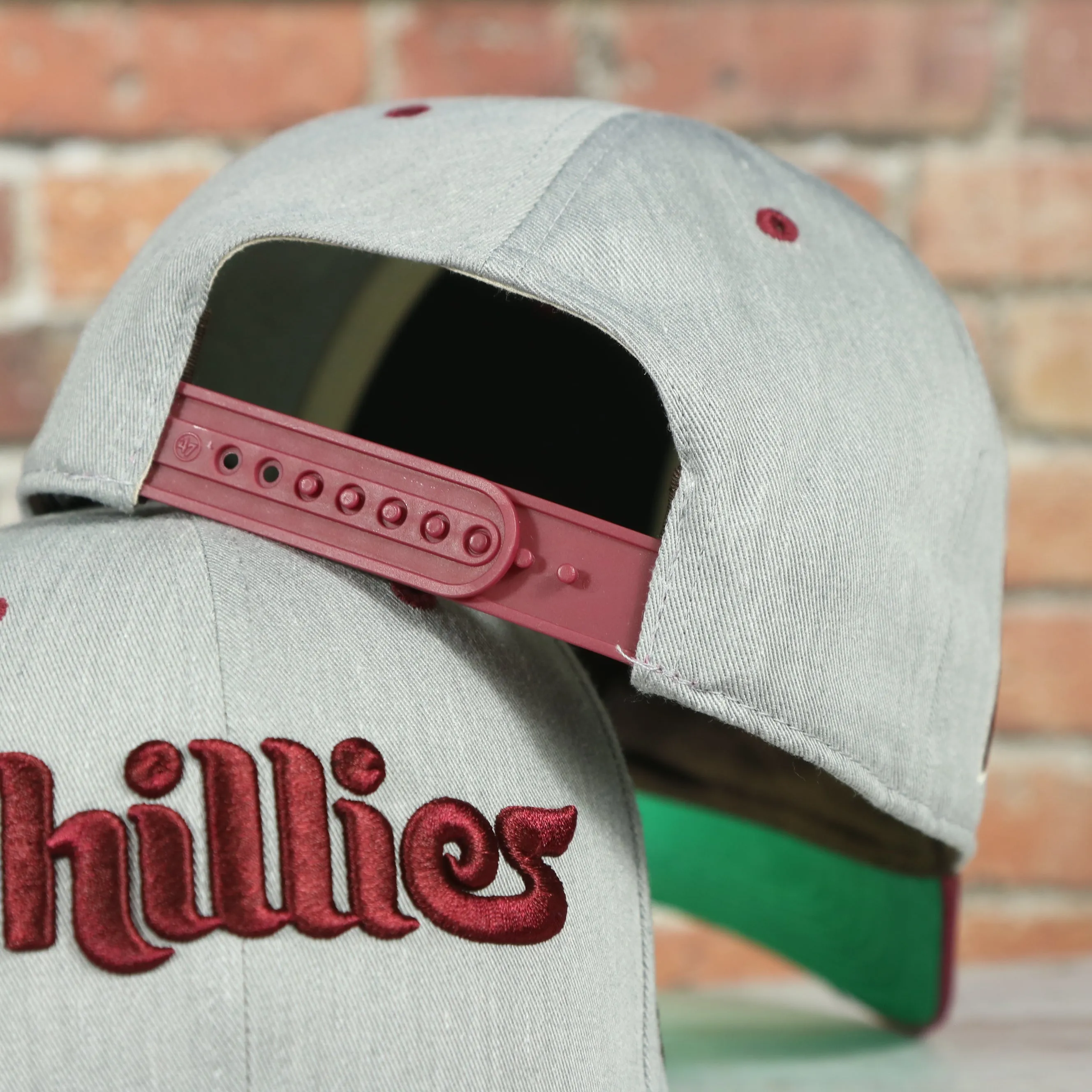 Cooperstown Phillies Wordmark Vintage Green Undervisor Side Patch Retro Snapback Hat | Gray Snapback