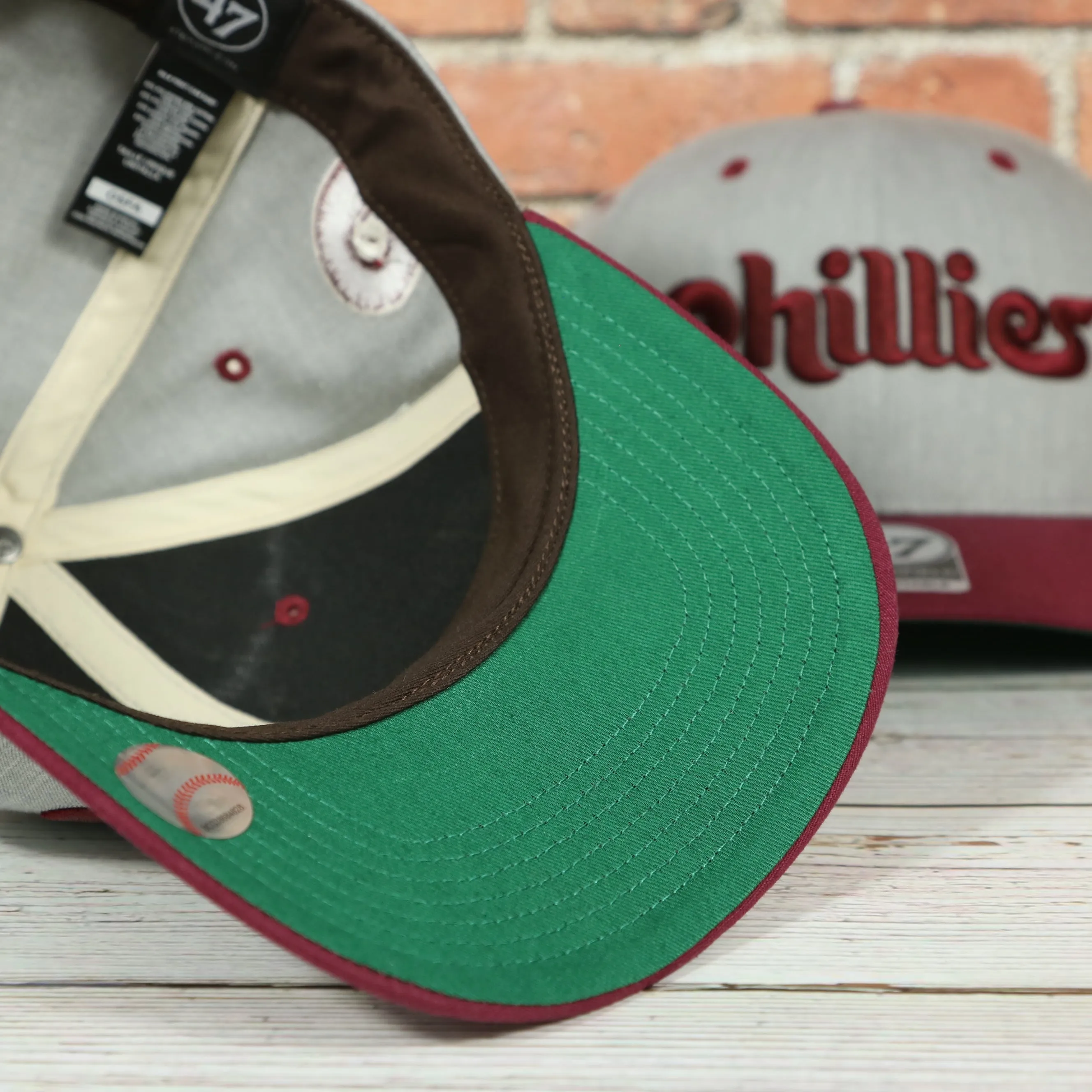 Cooperstown Phillies Wordmark Vintage Green Undervisor Side Patch Retro Snapback Hat | Gray Snapback