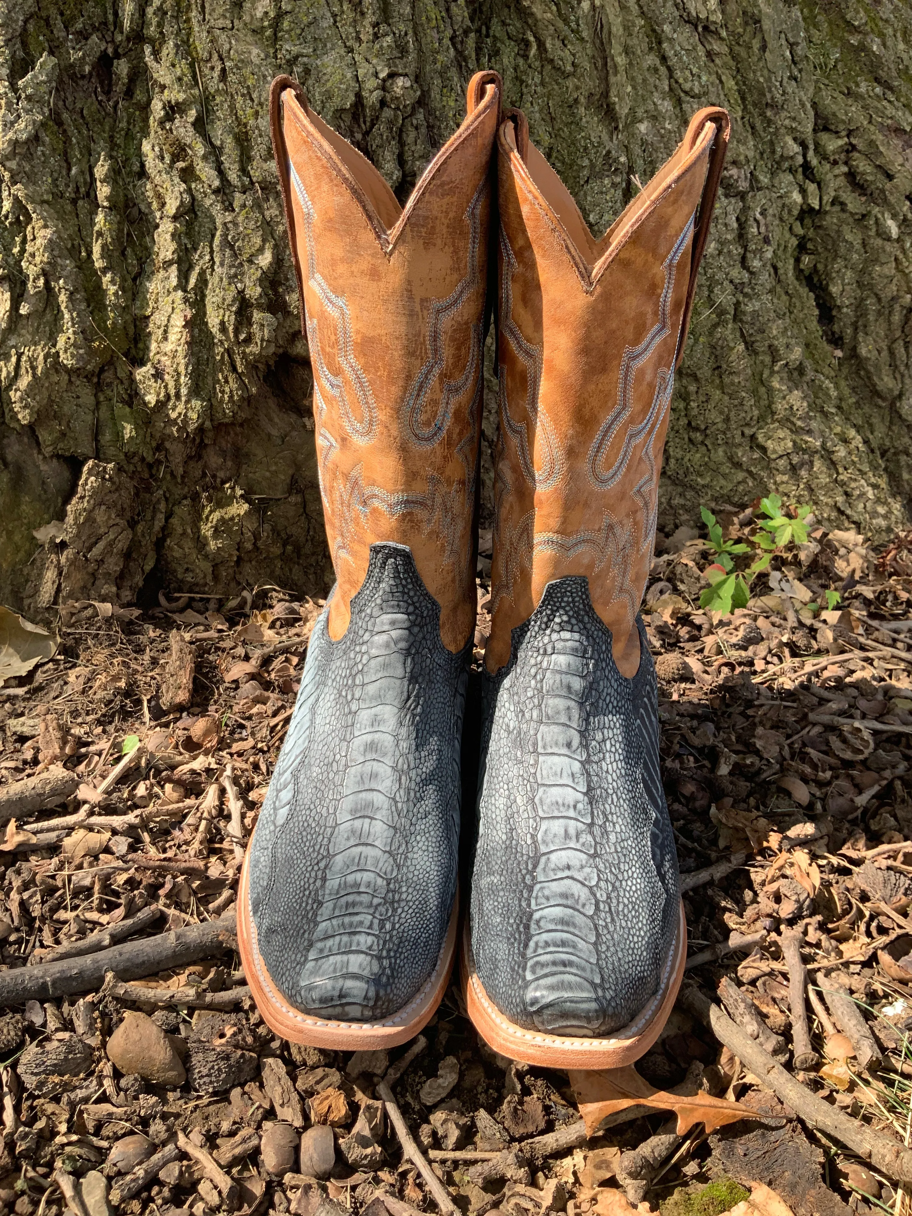 Corral Men's Blue & Sand Ostrich Narrow Square Toe Cowboy Boots A4294