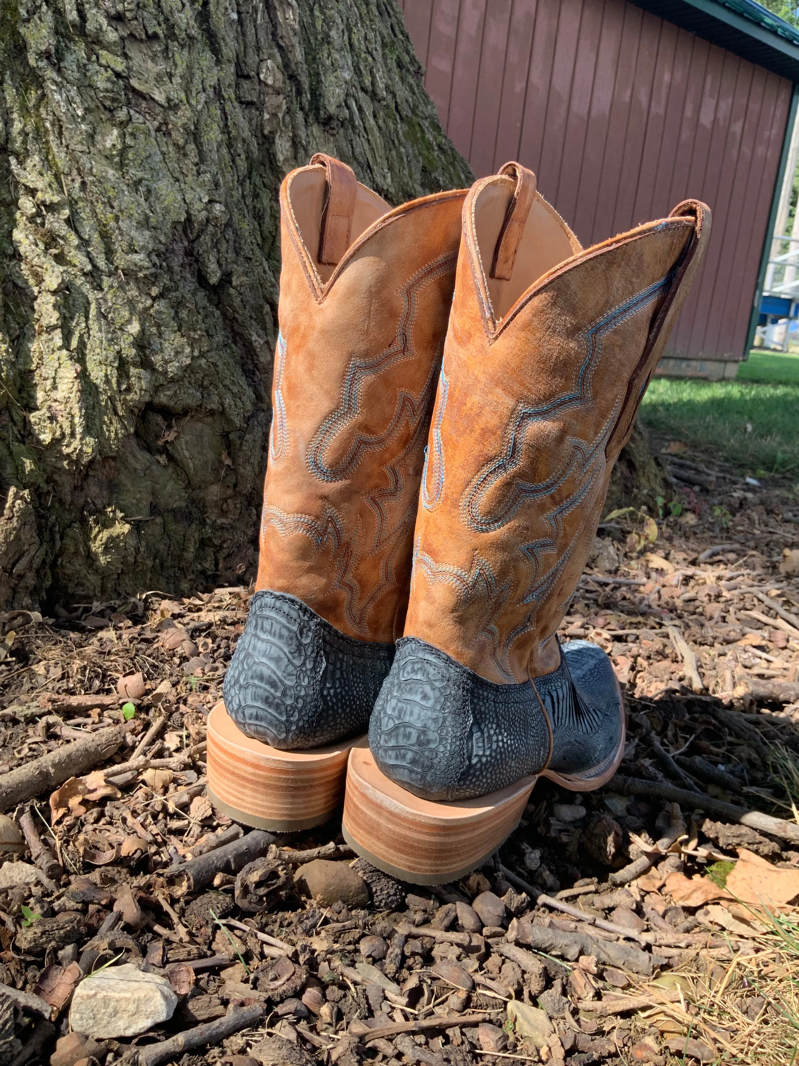 Corral Men's Blue & Sand Ostrich Narrow Square Toe Cowboy Boots A4294