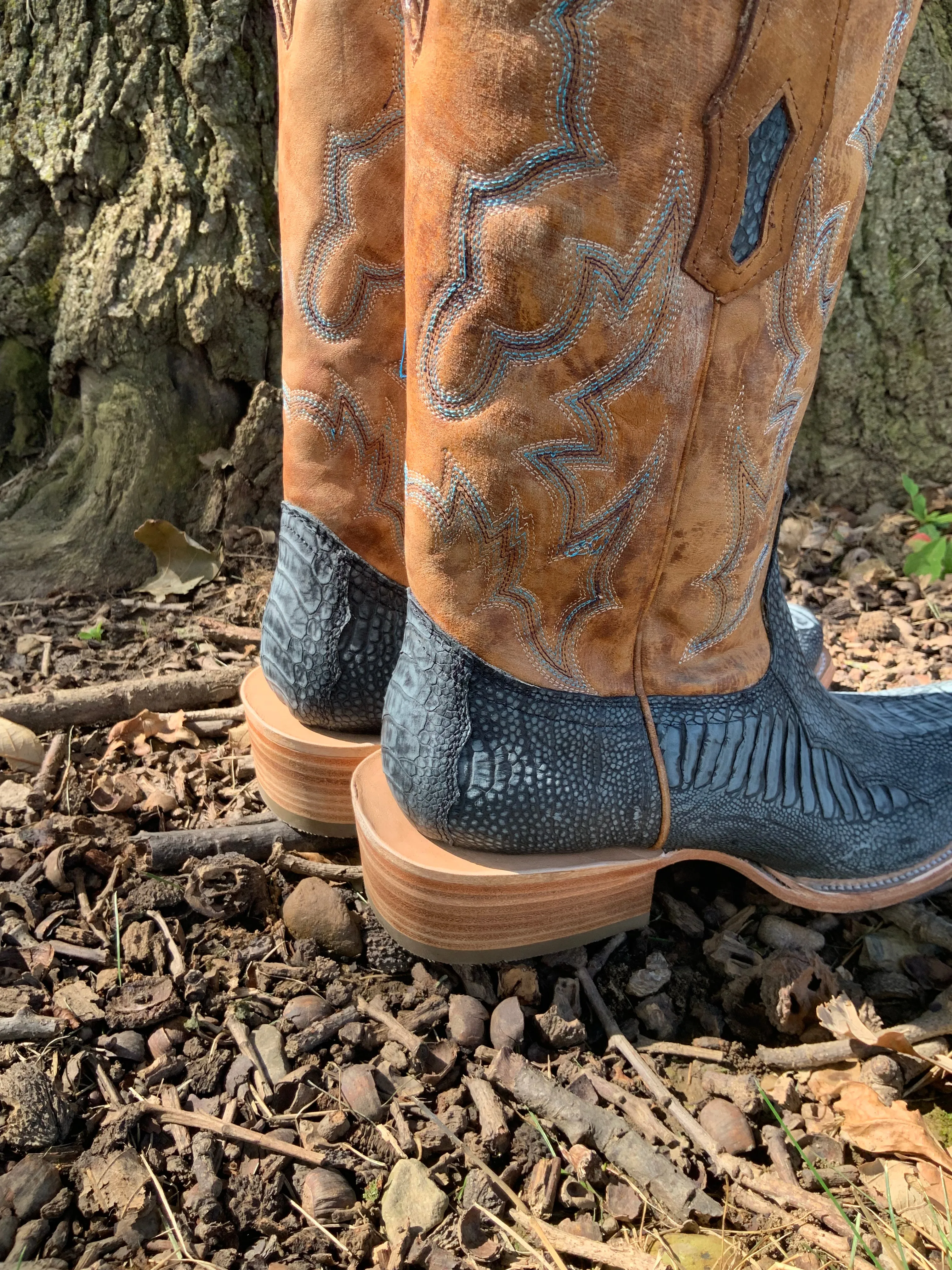 Corral Men's Blue & Sand Ostrich Narrow Square Toe Cowboy Boots A4294