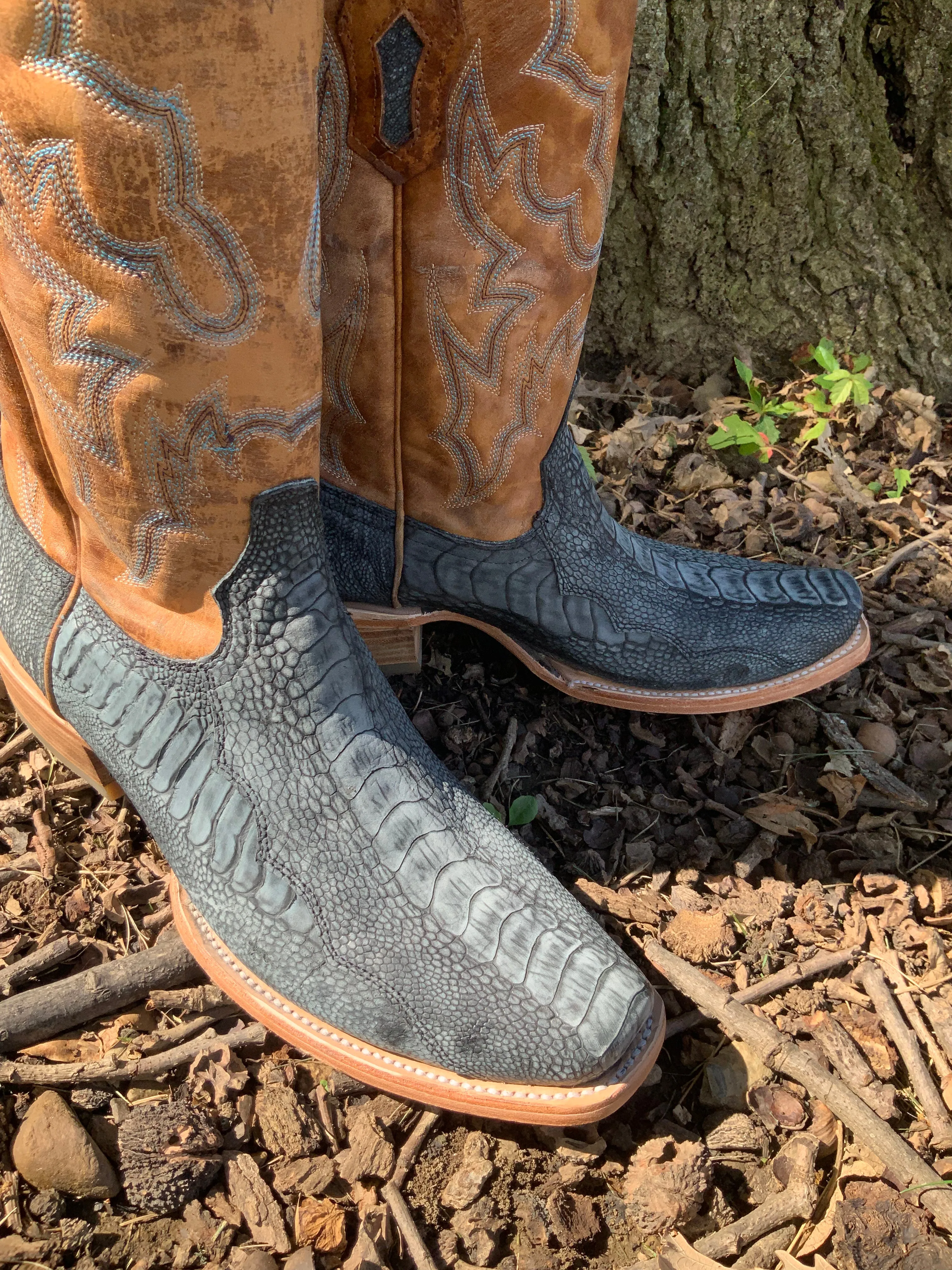 Corral Men's Blue & Sand Ostrich Narrow Square Toe Cowboy Boots A4294