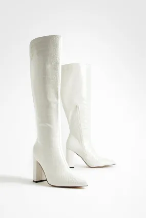 Croc Block Heel Pointed Toe Knee High Boots