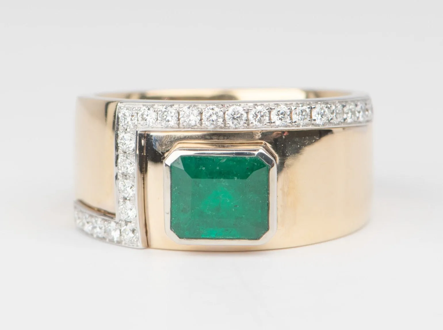 Emerald Bezel Set on 10.5mm Wide Band with Diamond Accent 14K Gold R6668