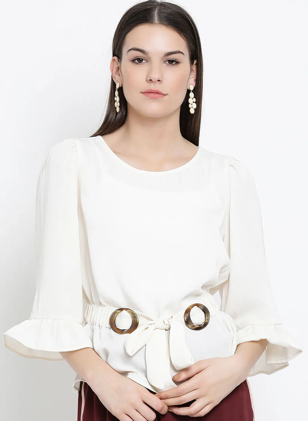 Flute Sleeves Horn Buckle Detail Top