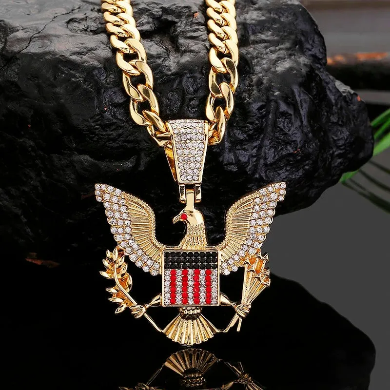 Gold-Plated Stainless-Steel CZ Big Iced Eagle American Flag Pendant Necklace