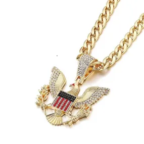 Gold-Plated Stainless-Steel CZ Big Iced Eagle American Flag Pendant Necklace