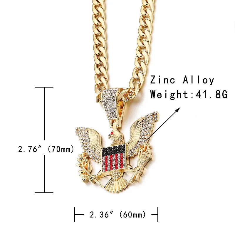 Gold-Plated Stainless-Steel CZ Big Iced Eagle American Flag Pendant Necklace