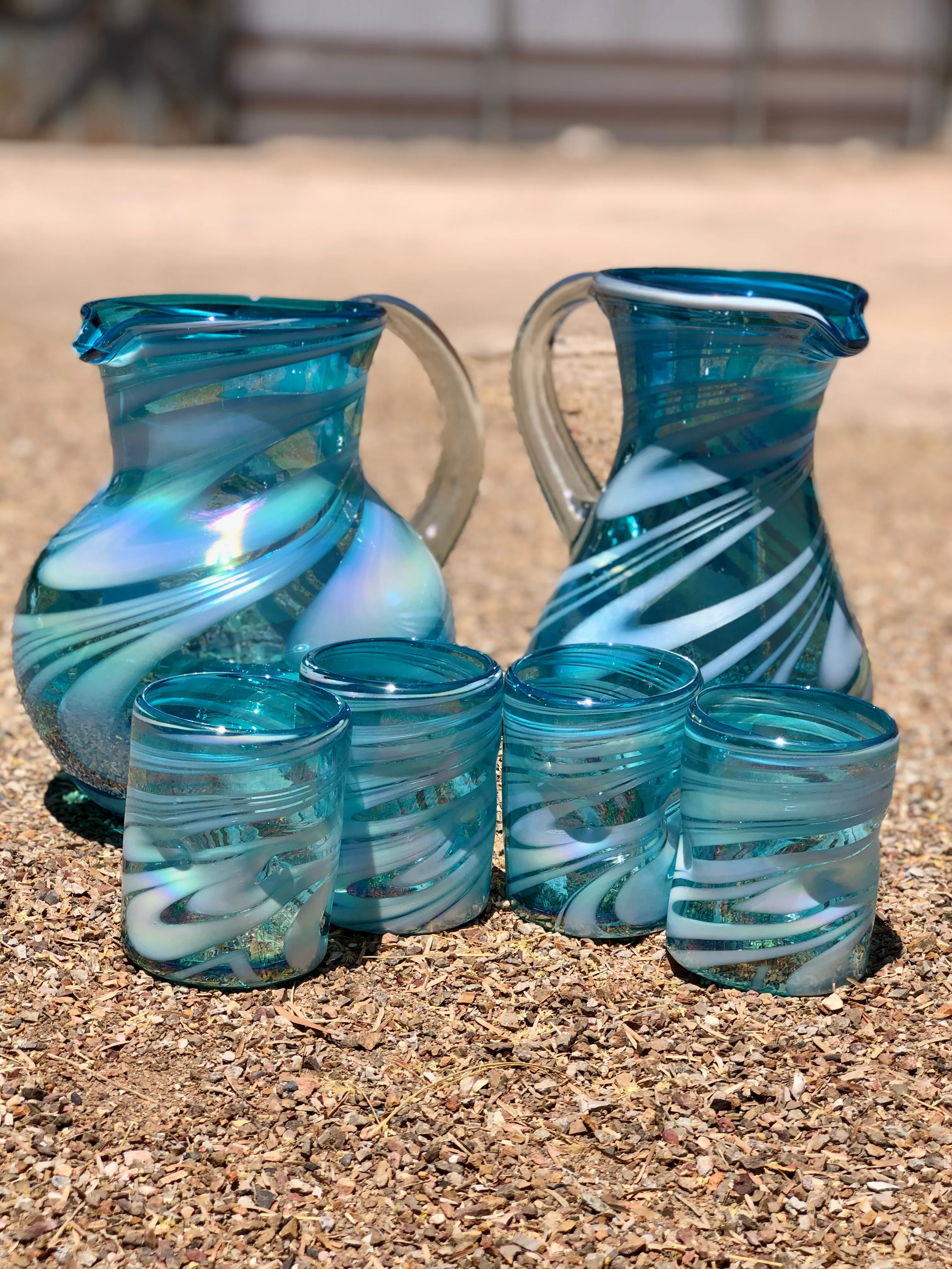 Hand Blown Ball Glass Pitcher In Stripe Turquoise