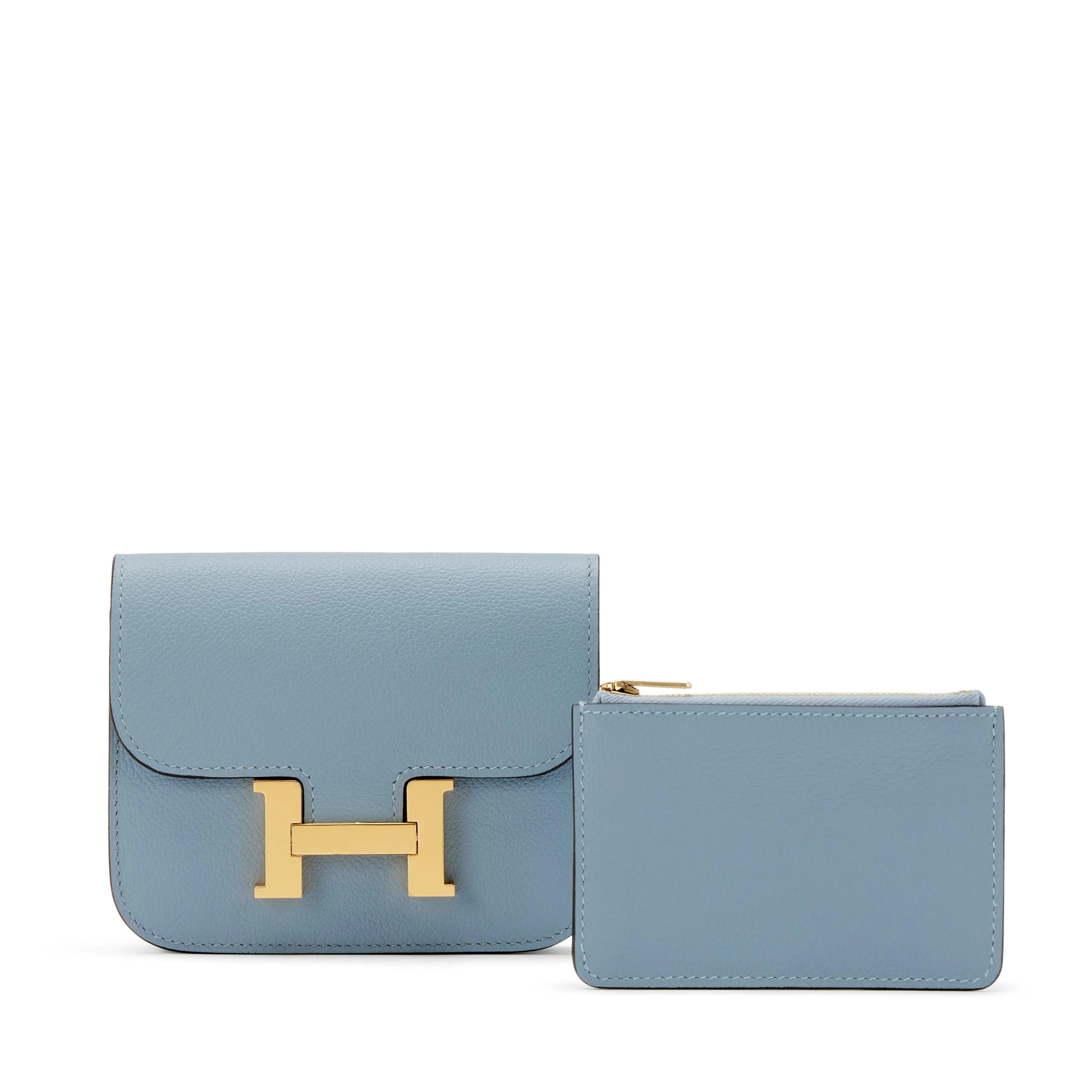 Hermès Bleu Lin Evercolor Constance Slim Wallet Gold Hardware, 2022