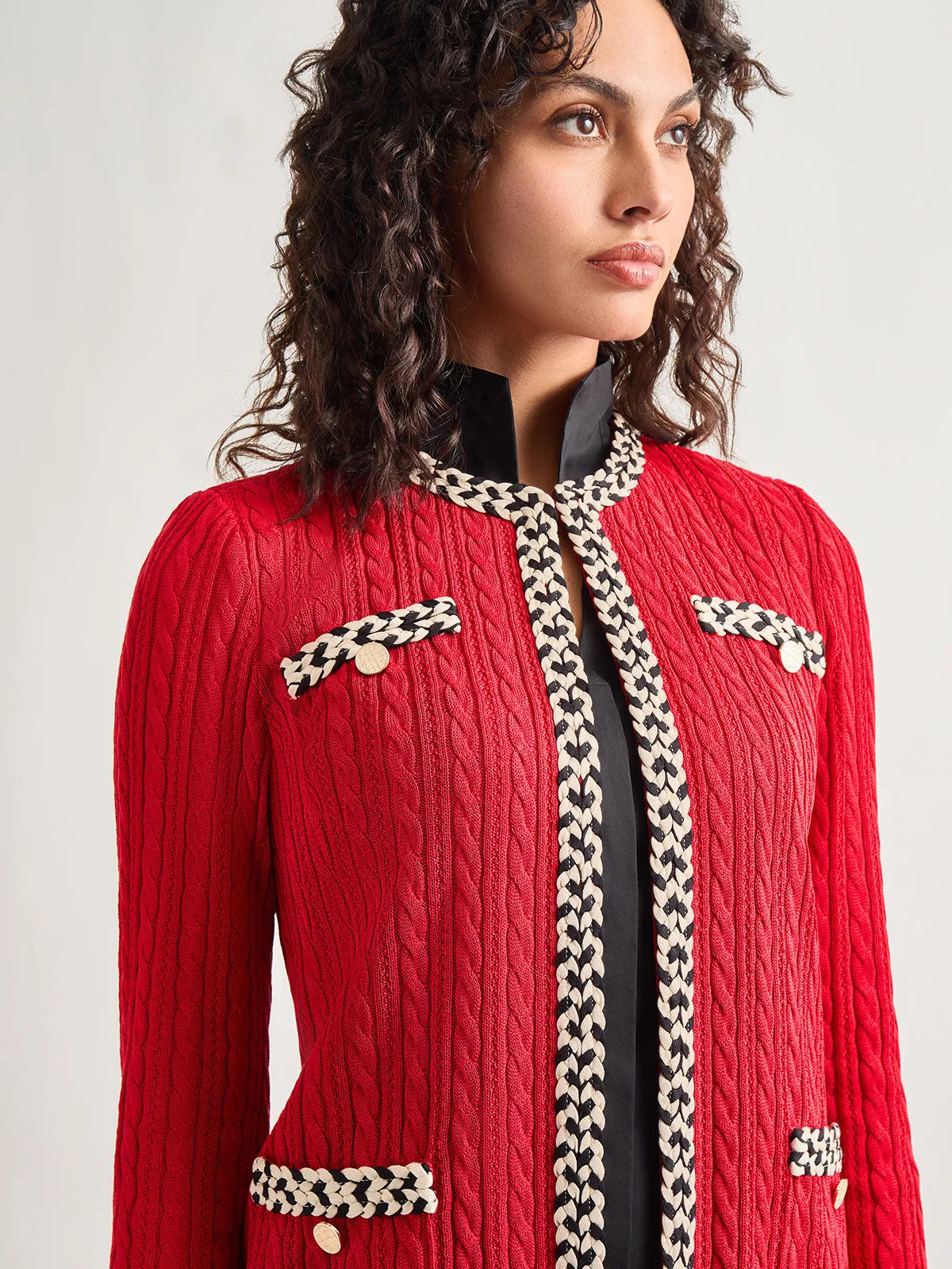 Jewel Neck Contrast Trim Cable Knit Jacket