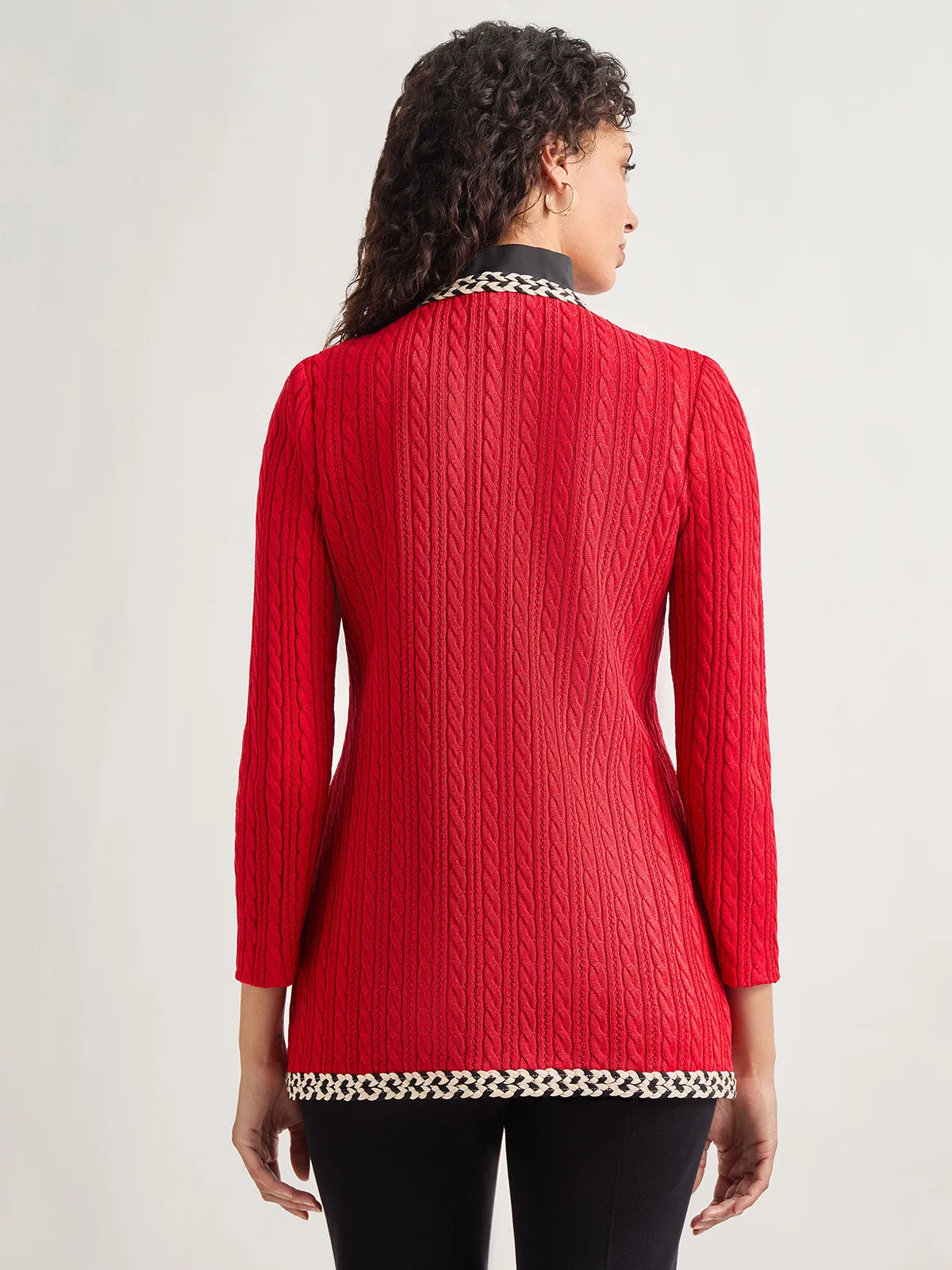 Jewel Neck Contrast Trim Cable Knit Jacket