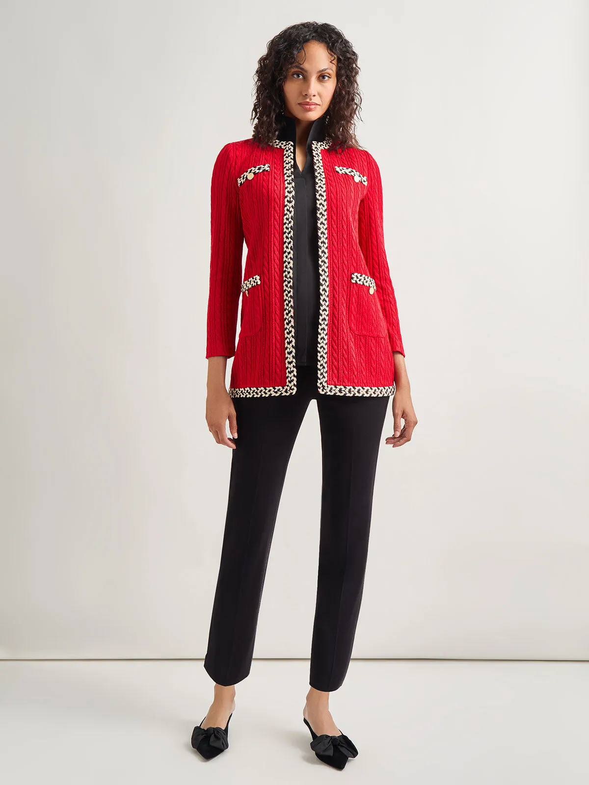 Jewel Neck Contrast Trim Cable Knit Jacket