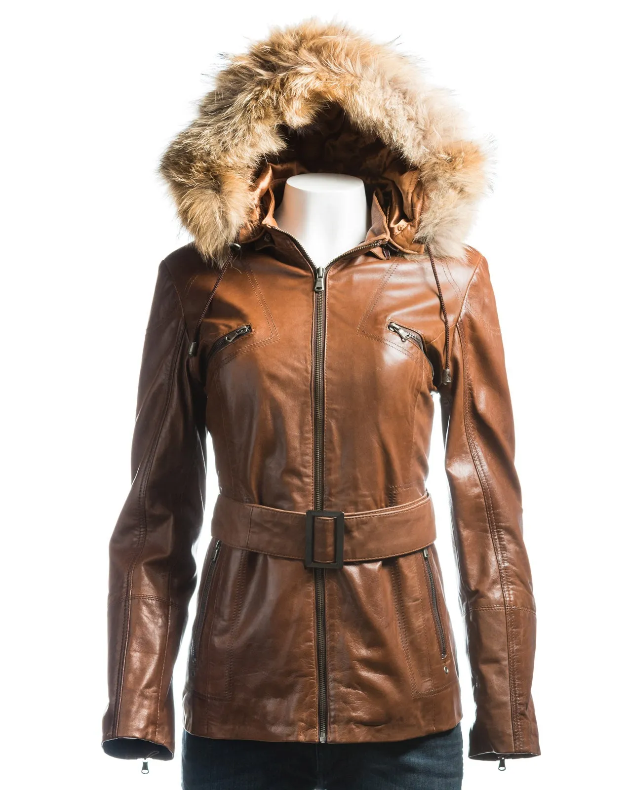 Ladies Cognac Belted Leather Coat With Detachable Fur Trimmed Hood: Paola