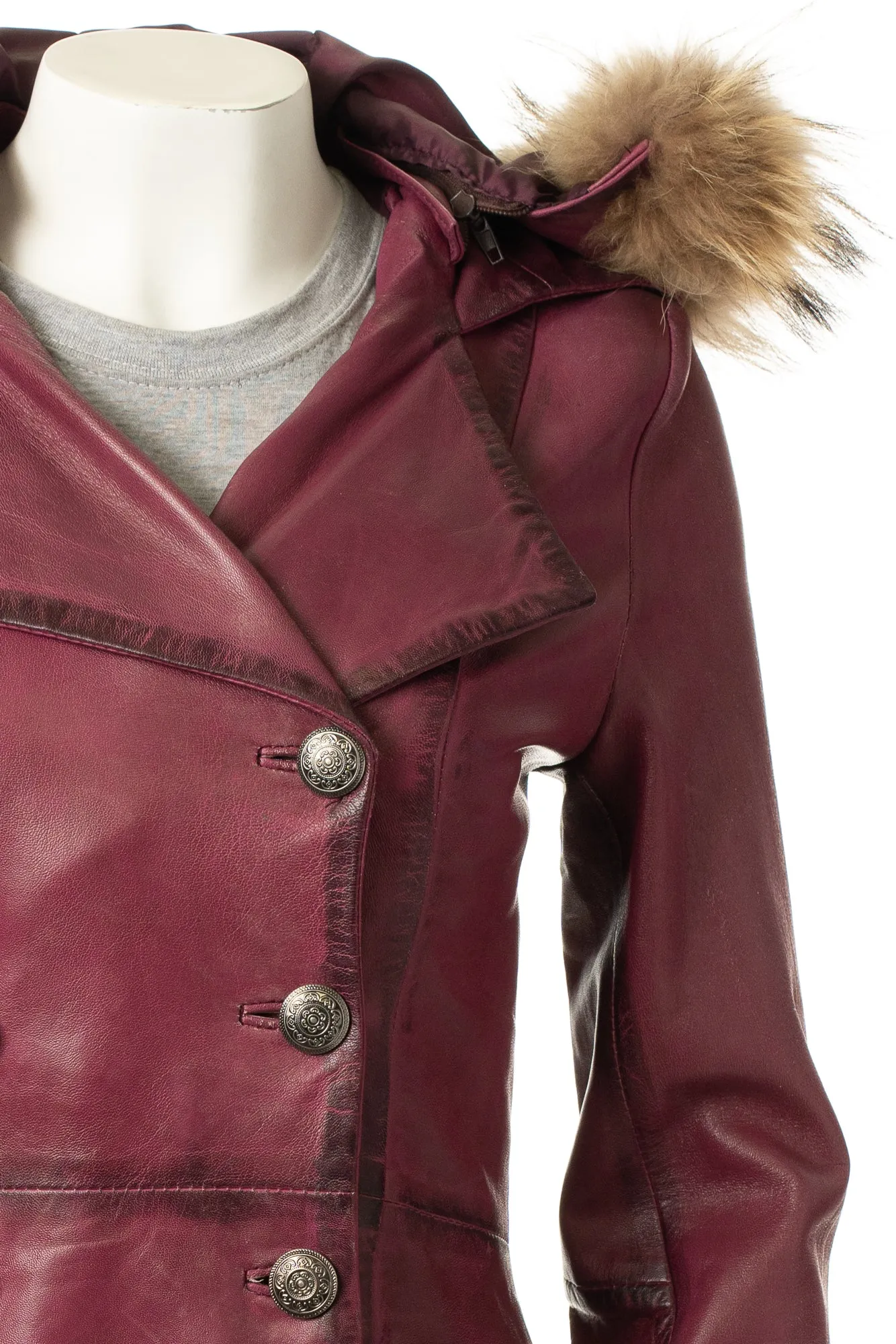 Ladies Pepsi Leather Dip Hem Double Breasted Edwardian Military Style 3/4 Coat With Detachable Hood: Alessia