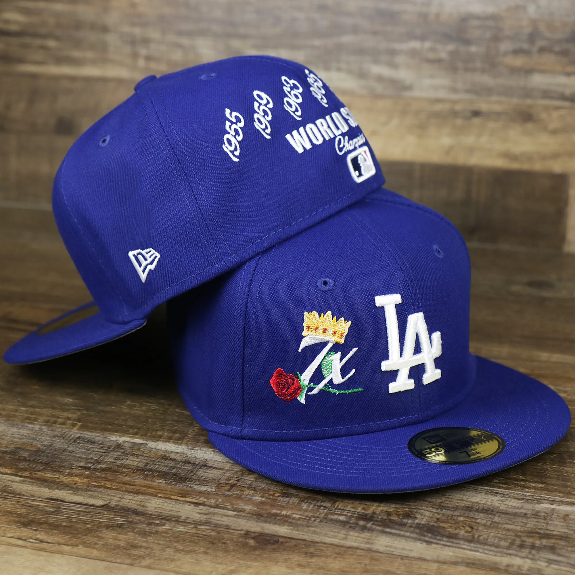 Los Angeles Dodgers Crown Champions Gray Bottom World Championship Wins Embroidered Fitted Cap | Royal Blue 59Fifty Cap