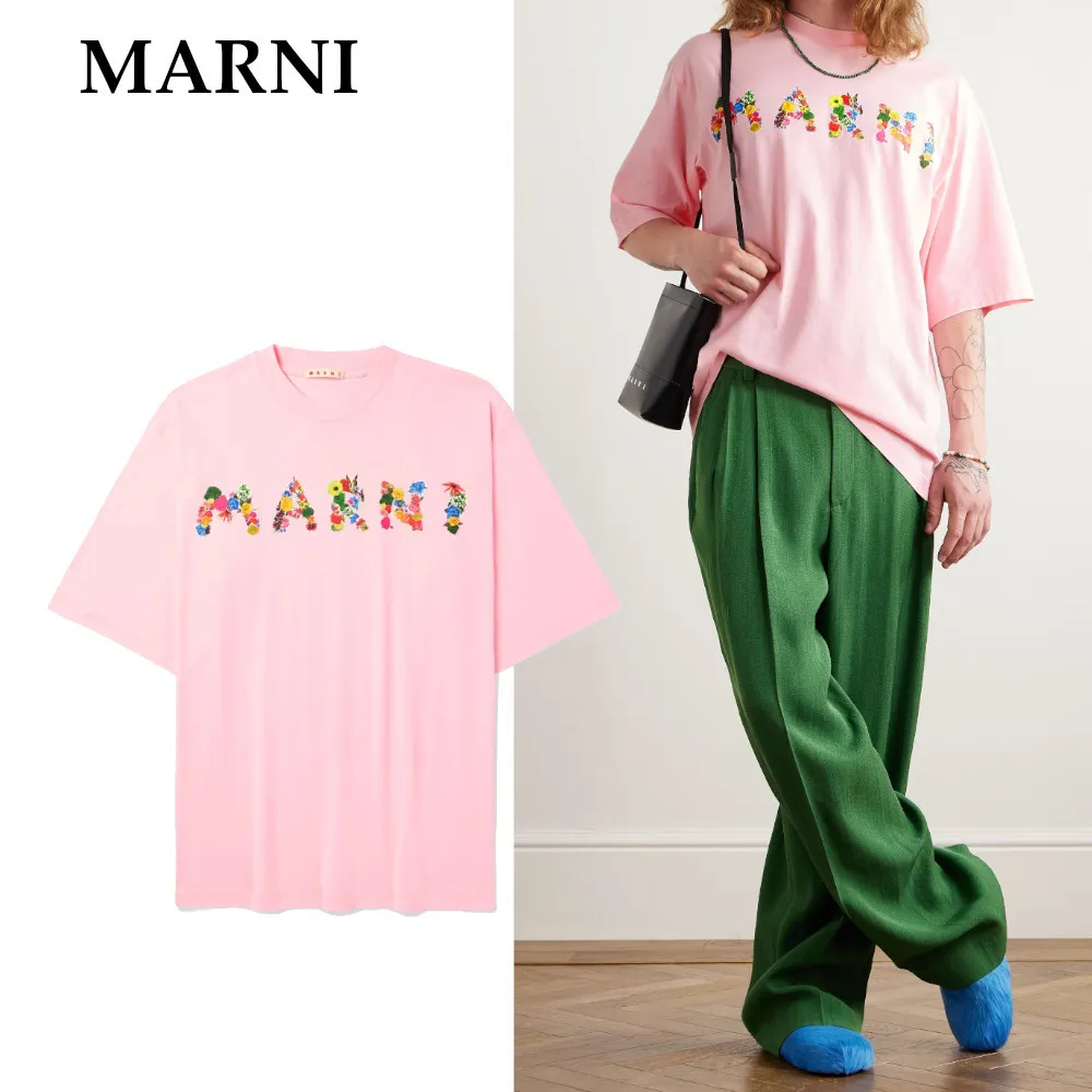 MARNI  |Flower Patterns U-Neck Plain Cotton Short Sleeves Oversized