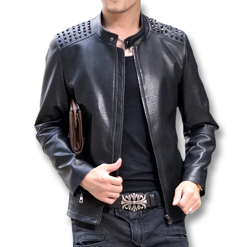 Men Giacca Pelle Uomo Jaqueta De Couro Leather PU Jackets Men's Casual Slim Fit Large Size Rivet Jackets Coats SM6