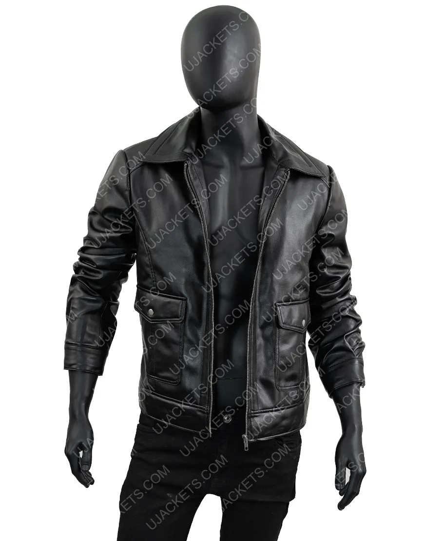 Men's Slimfit Zipped Leather Jacket | Scott Turn Down Collar Black Jacket