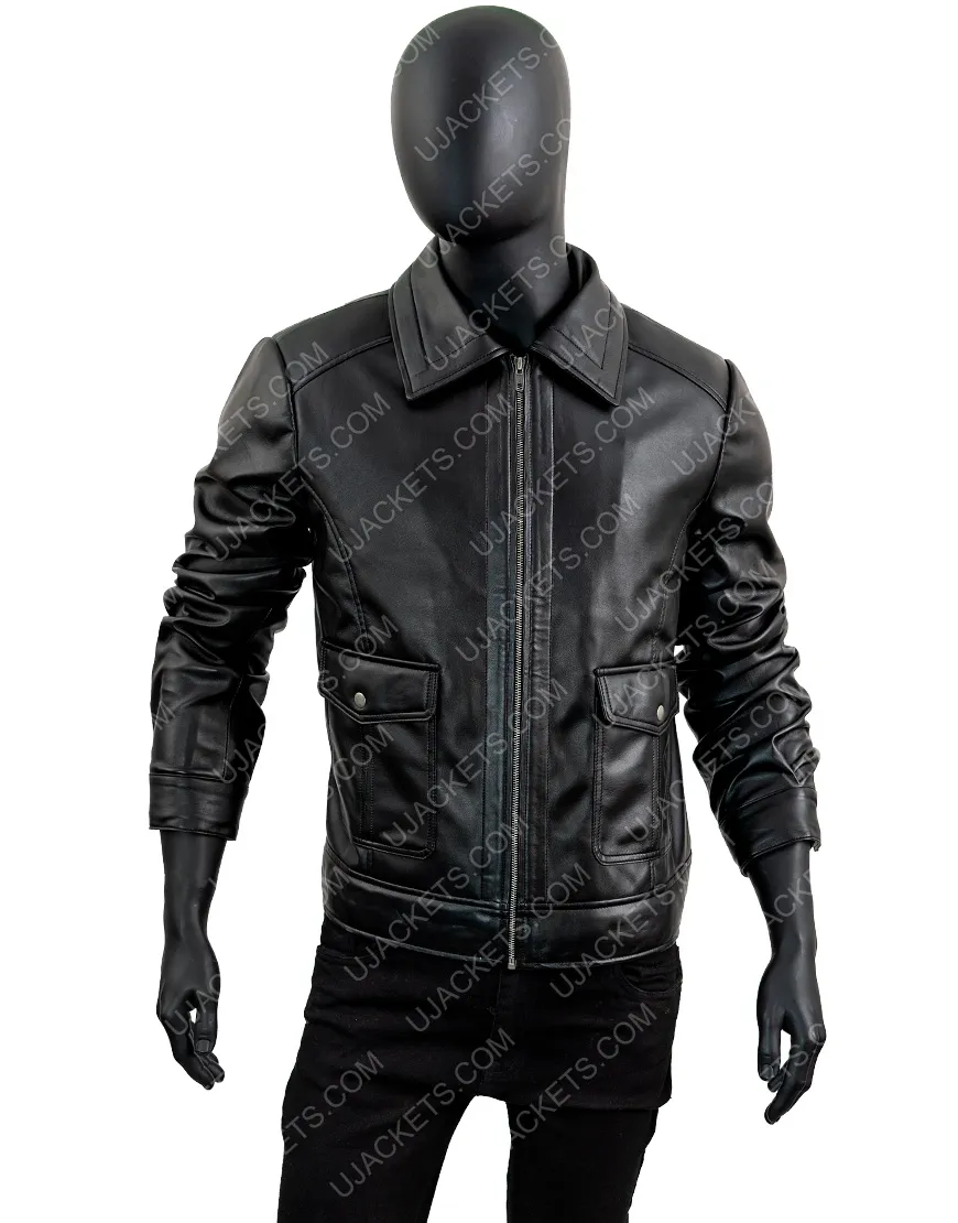 Men's Slimfit Zipped Leather Jacket | Scott Turn Down Collar Black Jacket